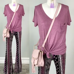 Weekend Vibes Ribbed Pocket Tee - Orchid