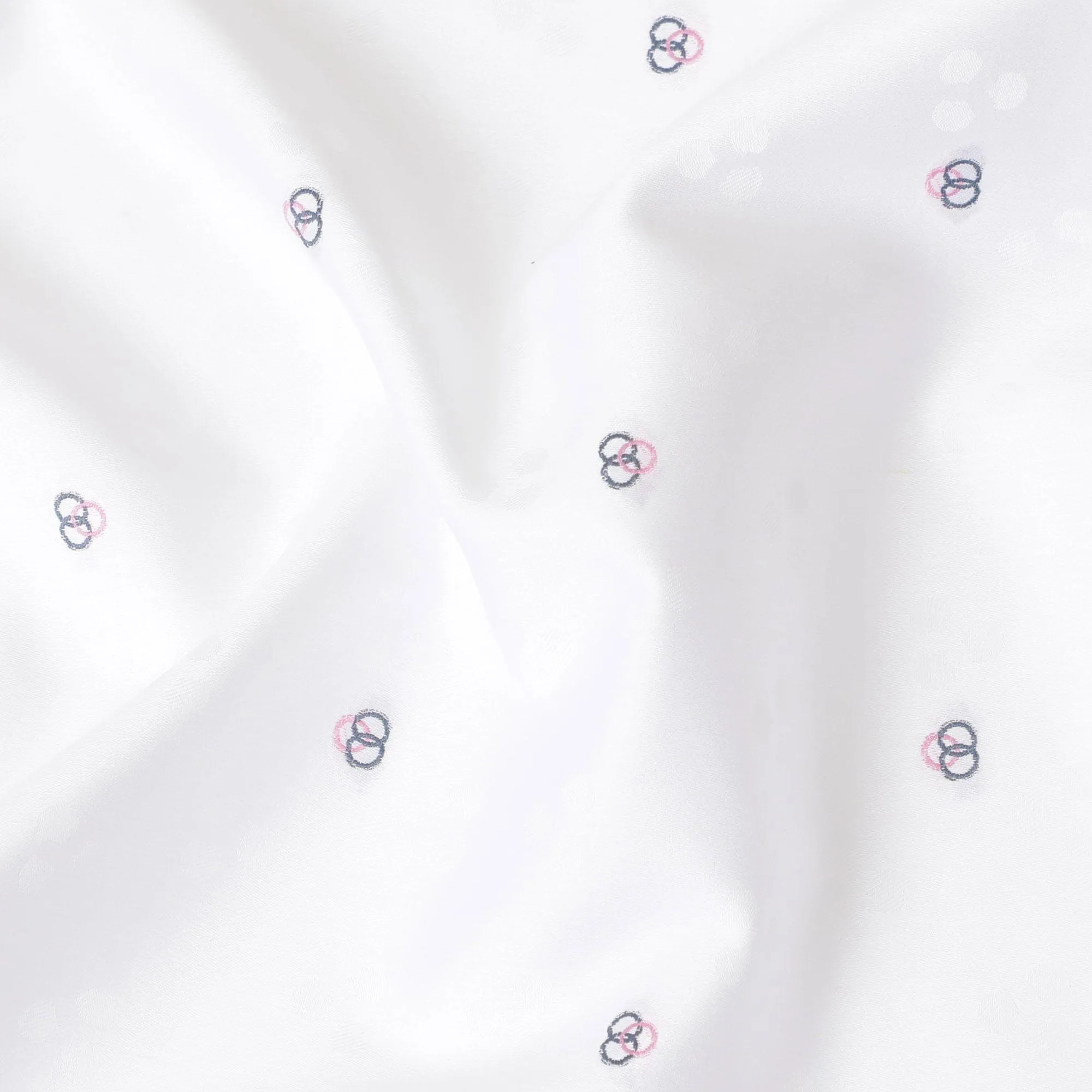 White Premium 100% Cotton shirting fabric having  same tone jacquard, baby pink and stone grey embroidery in abstract design-D9631