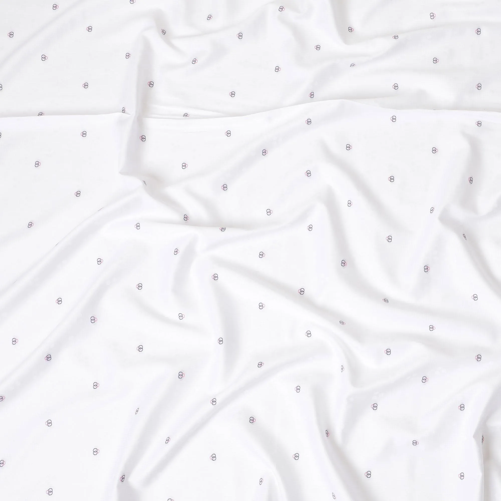 White Premium 100% Cotton shirting fabric having  same tone jacquard, baby pink and stone grey embroidery in abstract design-D9631