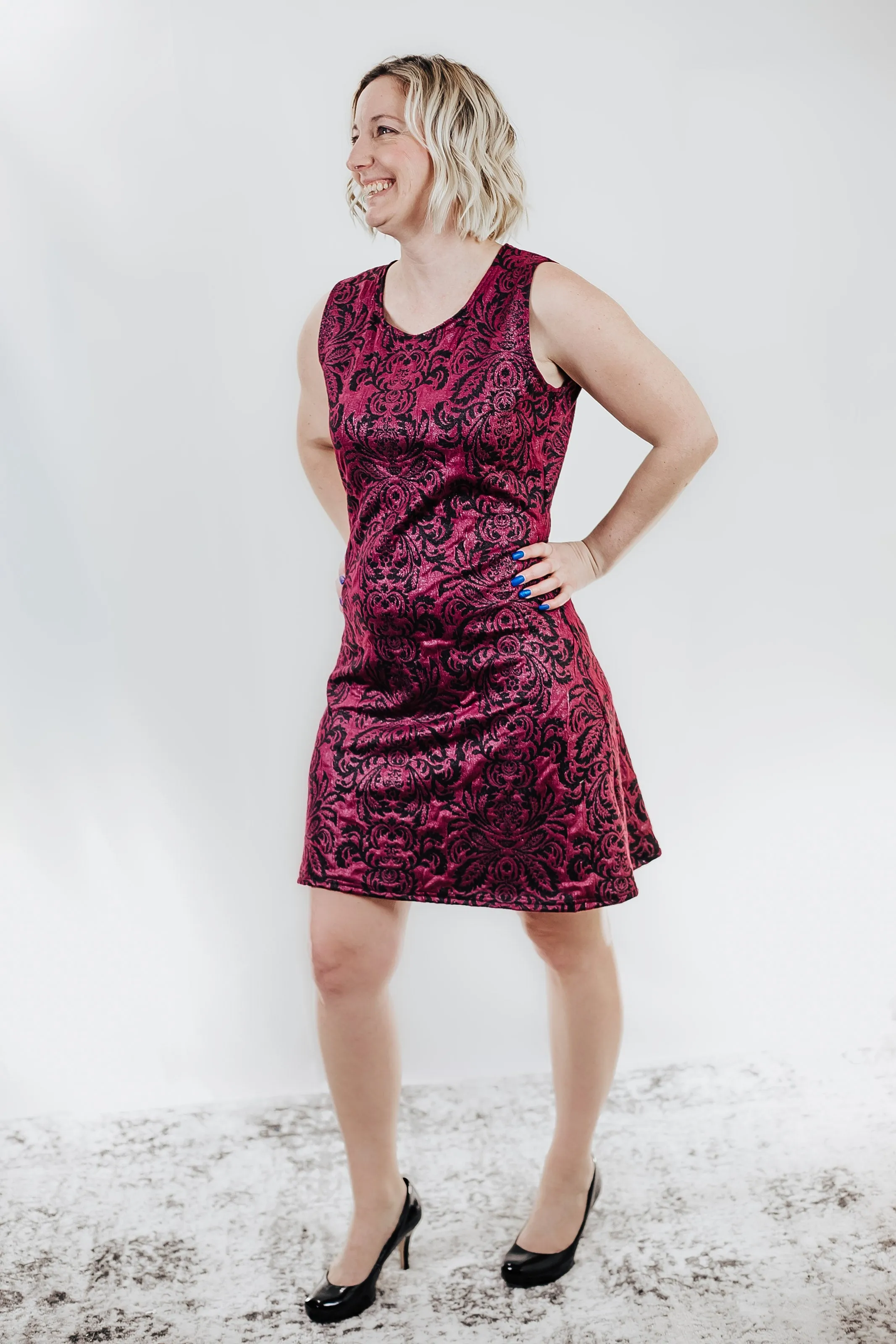 Wine Jacquard Sheath Tank Dress
