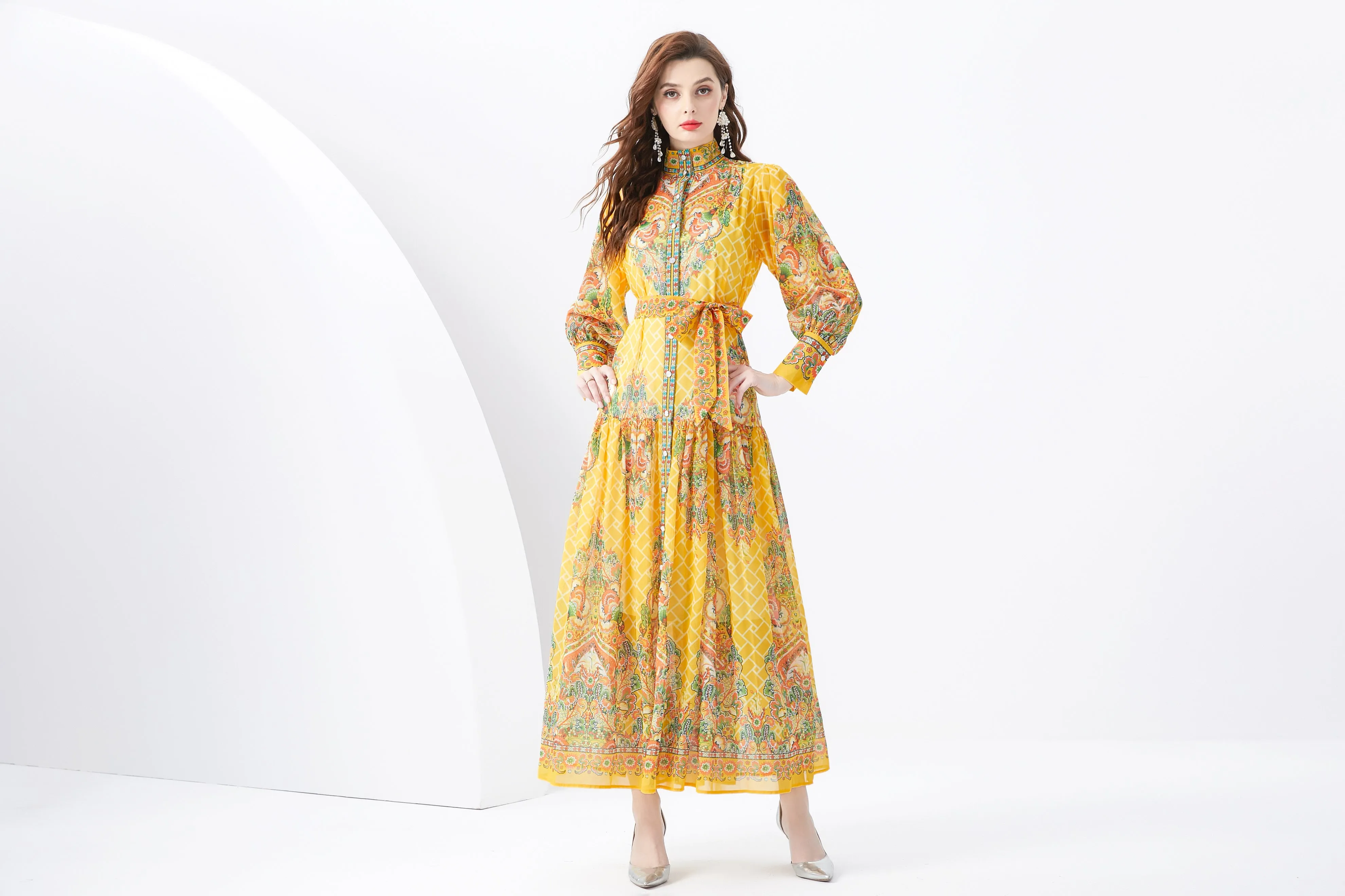 Women Button Up Floral Print Split Maxi Wrap Dress