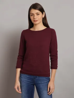 Women Solid Maroon Self Design Pullover Sweatshirt