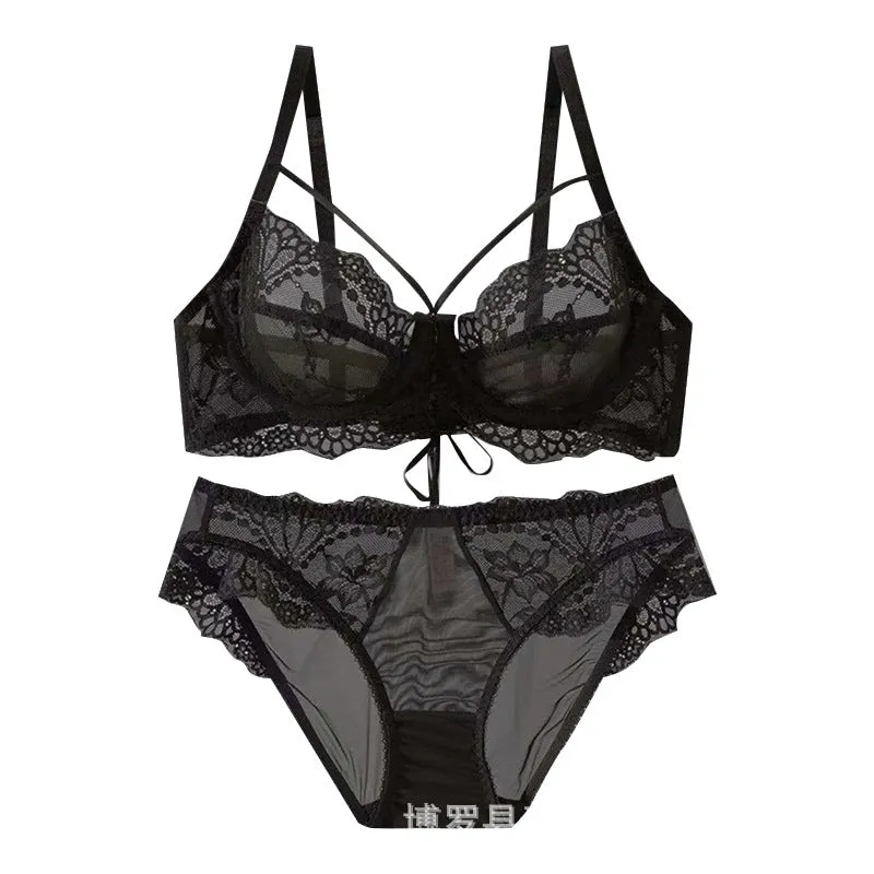 Women Summer Thin Underwear Big Breasts Small Side Closing Non-Slip Bra Set
