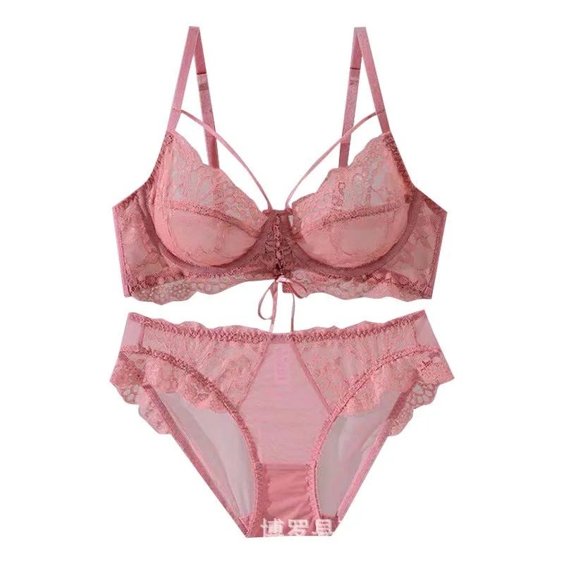 Women Summer Thin Underwear Big Breasts Small Side Closing Non-Slip Bra Set