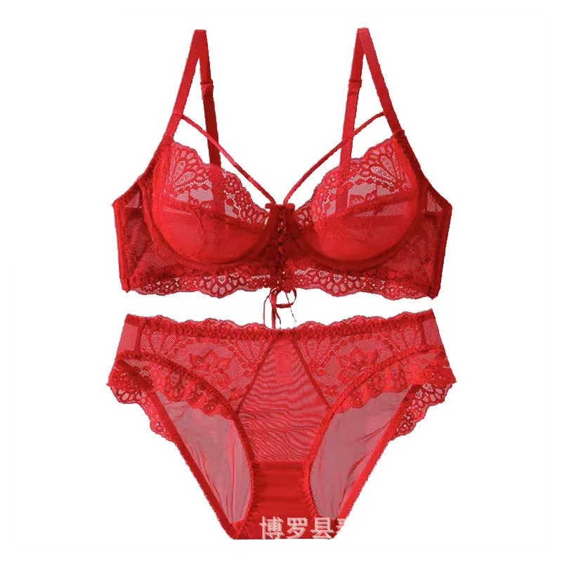 Women Summer Thin Underwear Big Breasts Small Side Closing Non-Slip Bra Set