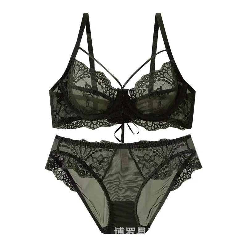 Women Summer Thin Underwear Big Breasts Small Side Closing Non-Slip Bra Set
