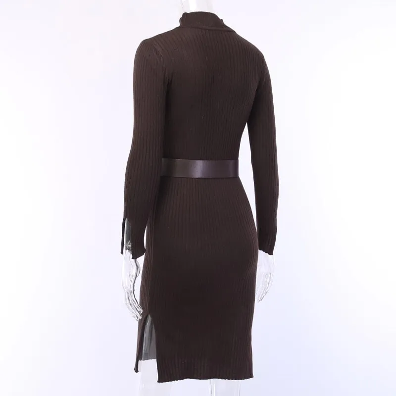 Women's Autumn/Winter Ribbed Bodycon Dress With Belt