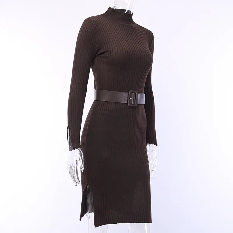 Women's Autumn/Winter Ribbed Bodycon Dress With Belt