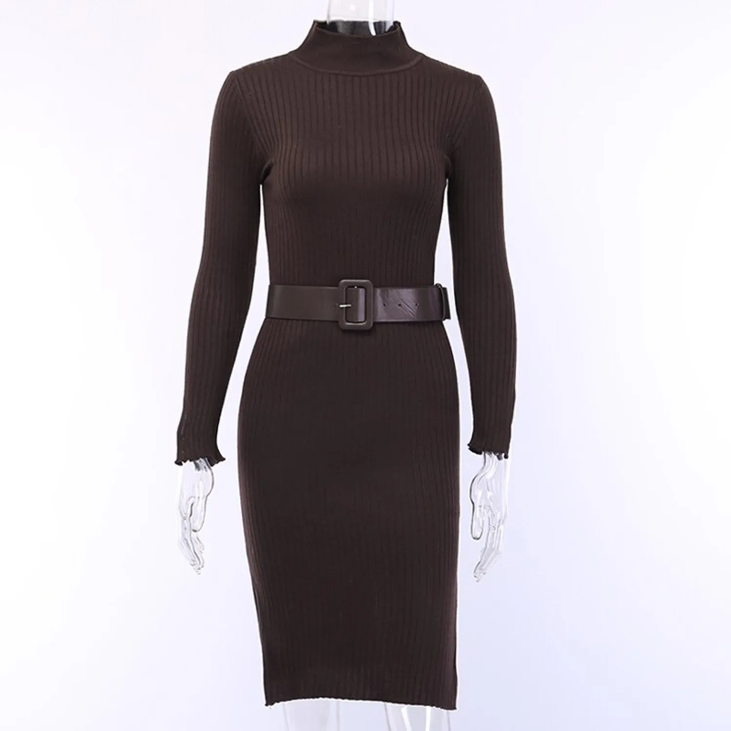 Women's Autumn/Winter Ribbed Bodycon Dress With Belt