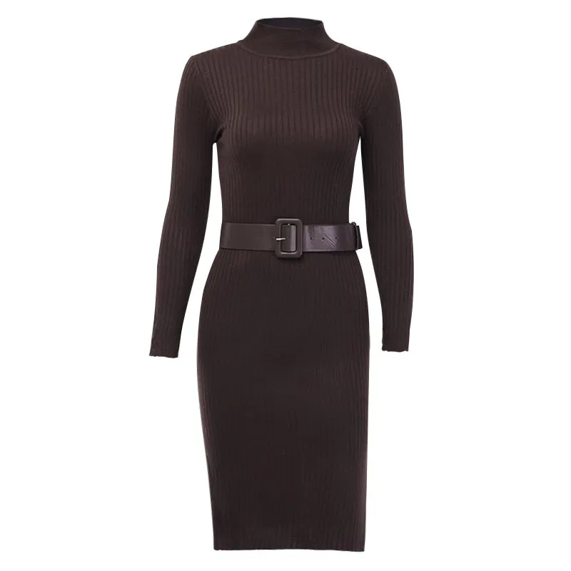 Women's Autumn/Winter Ribbed Bodycon Dress With Belt