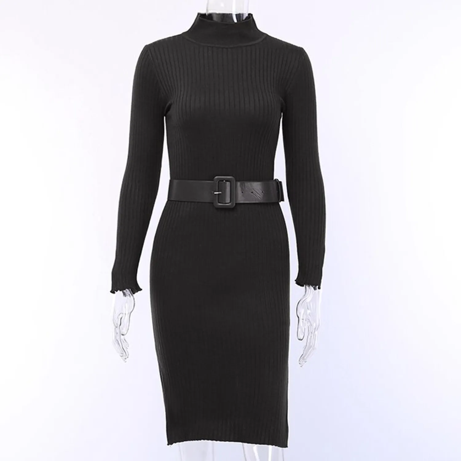Women's Autumn/Winter Ribbed Bodycon Dress With Belt