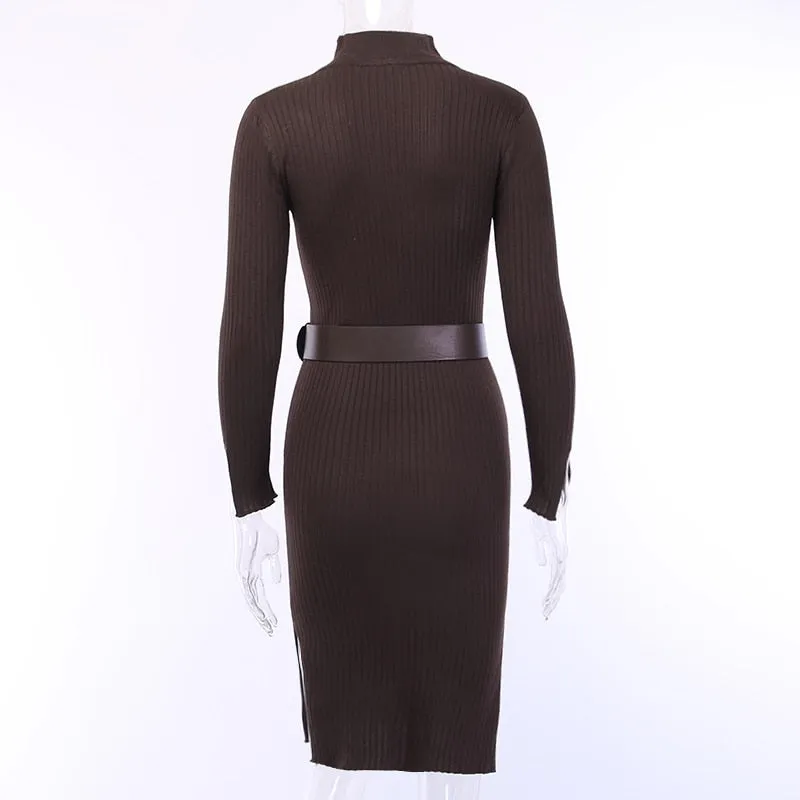 Women's Autumn/Winter Ribbed Bodycon Dress With Belt