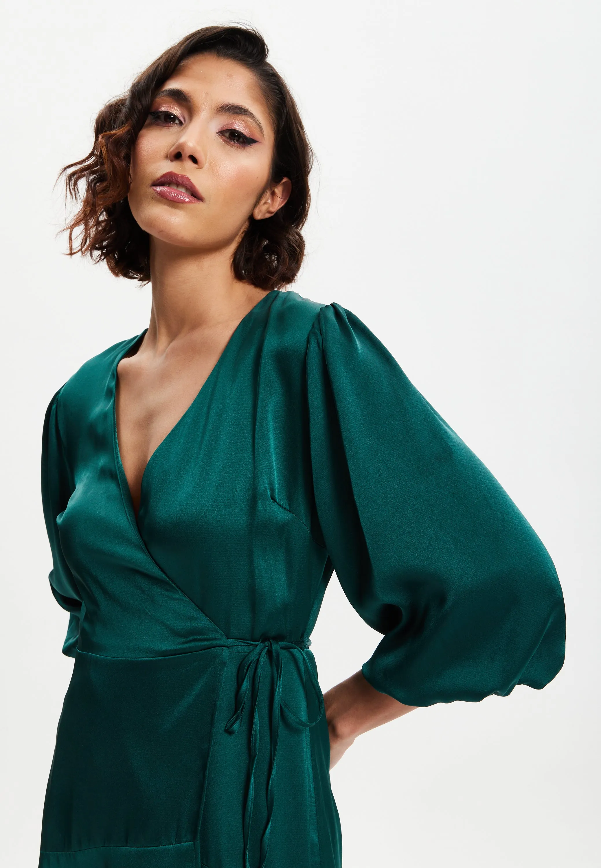 Women's Midi Wrap Dress in Dark Green with Short Puff Sleeves - Elegant Design by Liquorish