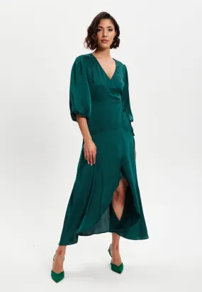 Women's Midi Wrap Dress in Dark Green with Short Puff Sleeves - Elegant Design by Liquorish