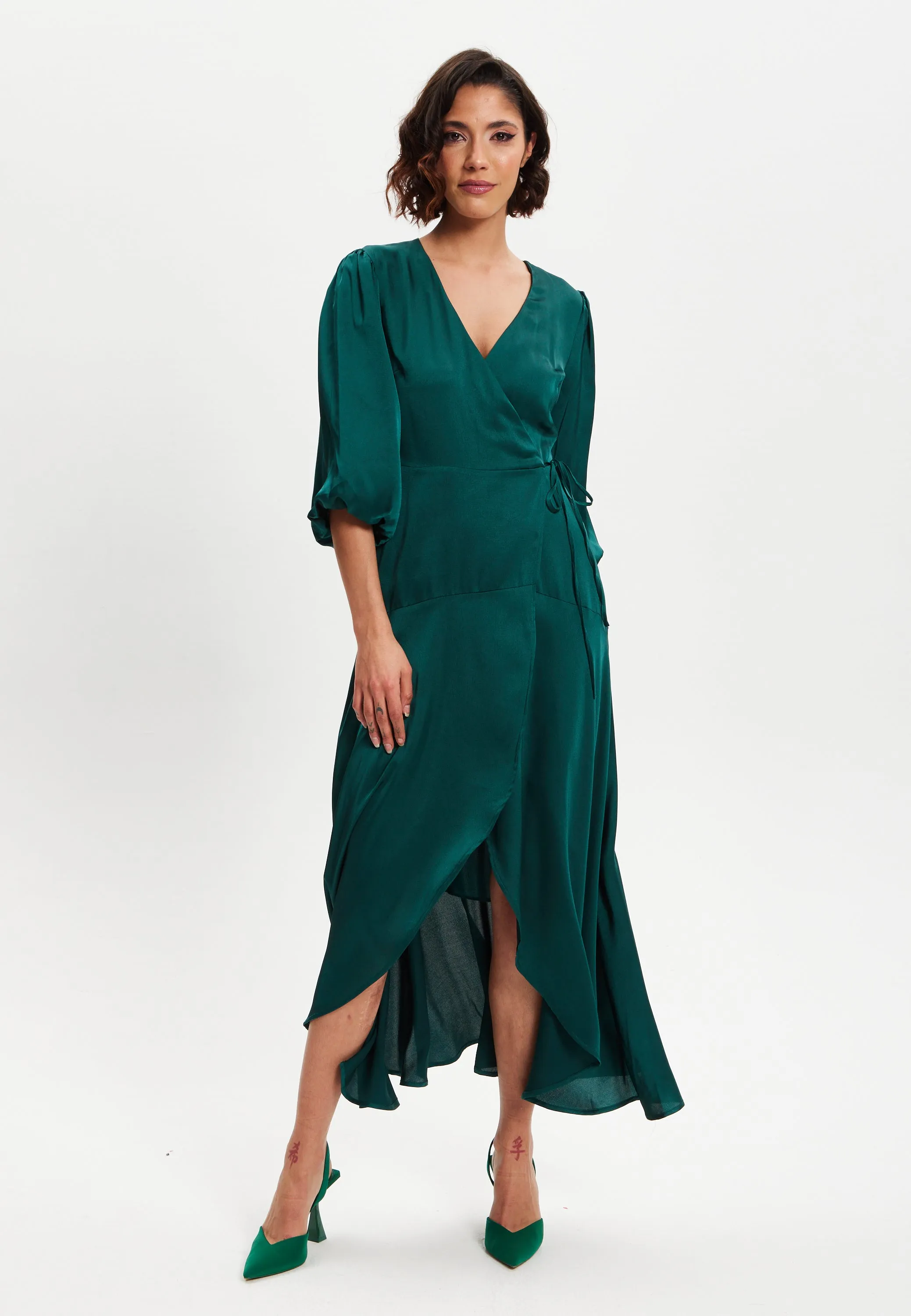 Women's Midi Wrap Dress in Dark Green with Short Puff Sleeves - Elegant Design by Liquorish