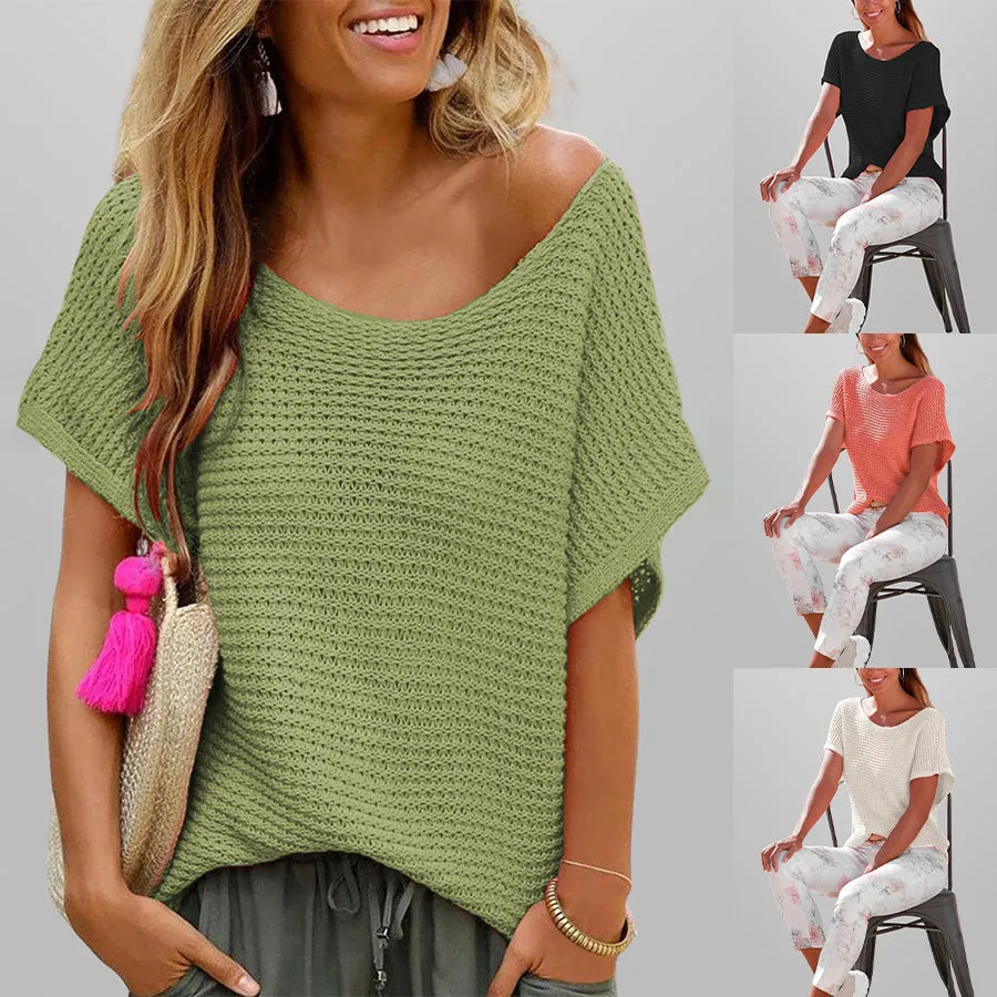 Women's Solid Color Knit Short Sleeve Top