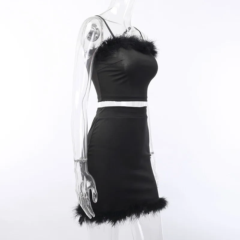 Women's Summer High Waist Slim Two-Piece Dress With Feathers