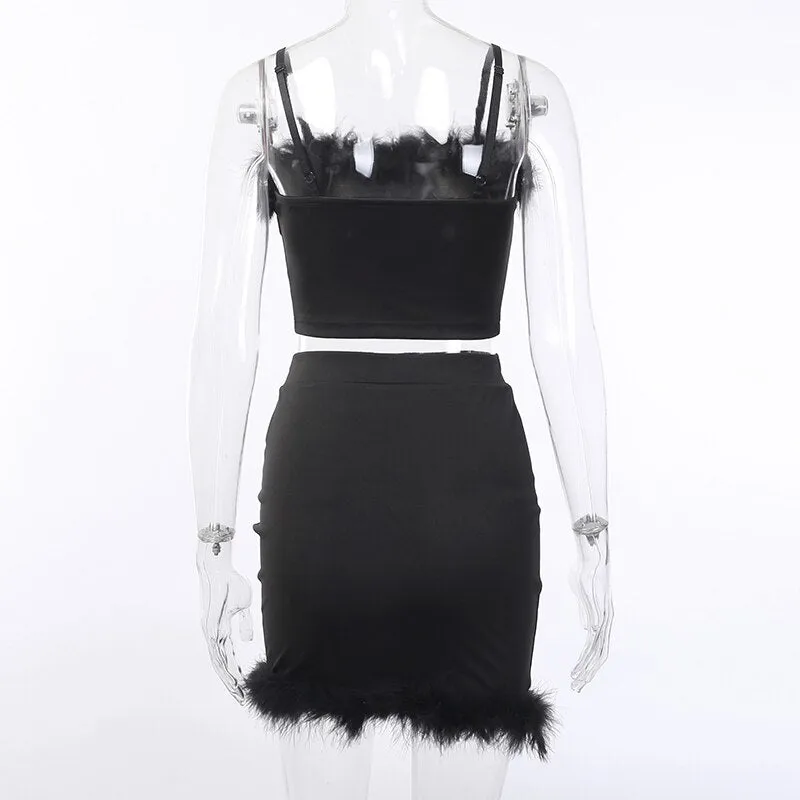 Women's Summer High Waist Slim Two-Piece Dress With Feathers