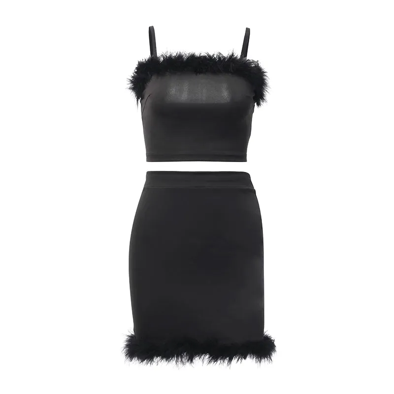 Women's Summer High Waist Slim Two-Piece Dress With Feathers