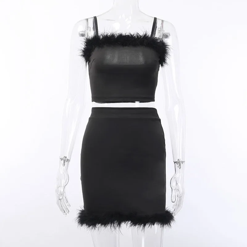 Women's Summer High Waist Slim Two-Piece Dress With Feathers
