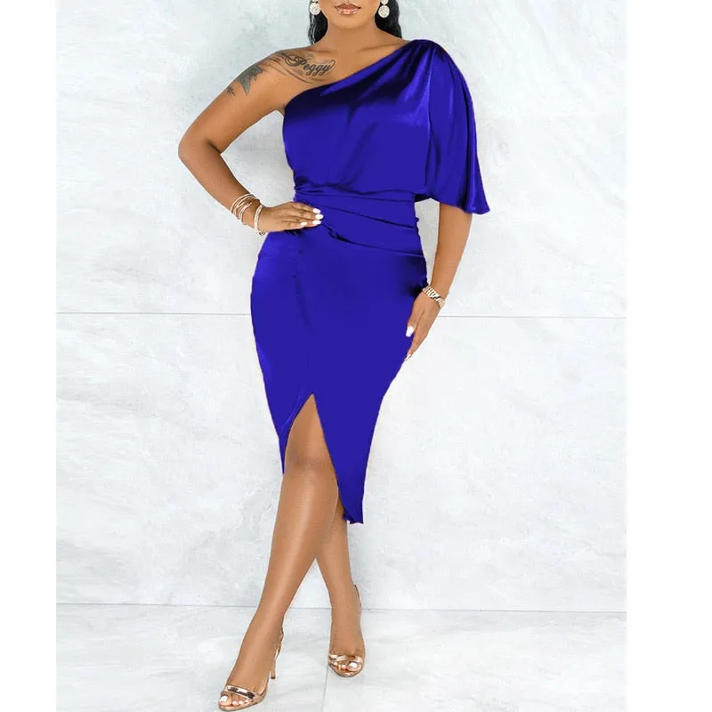xakxx Autumn outfits  Women Sexy One Shoulder Ruffled Satin Dress Slit Bodycon Chic Cocktail Party Dress