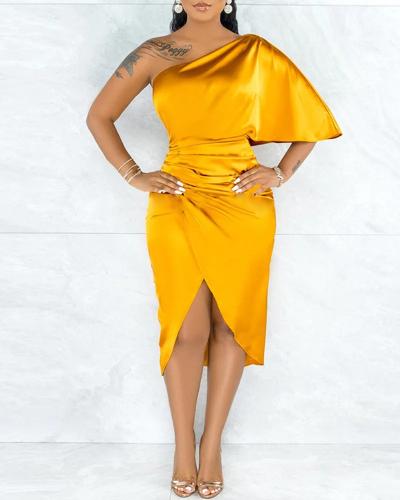 xakxx Autumn outfits  Women Sexy One Shoulder Ruffled Satin Dress Slit Bodycon Chic Cocktail Party Dress