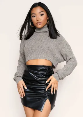 Zaralena Mocha Knitted Roll Neck Cropped Jumper