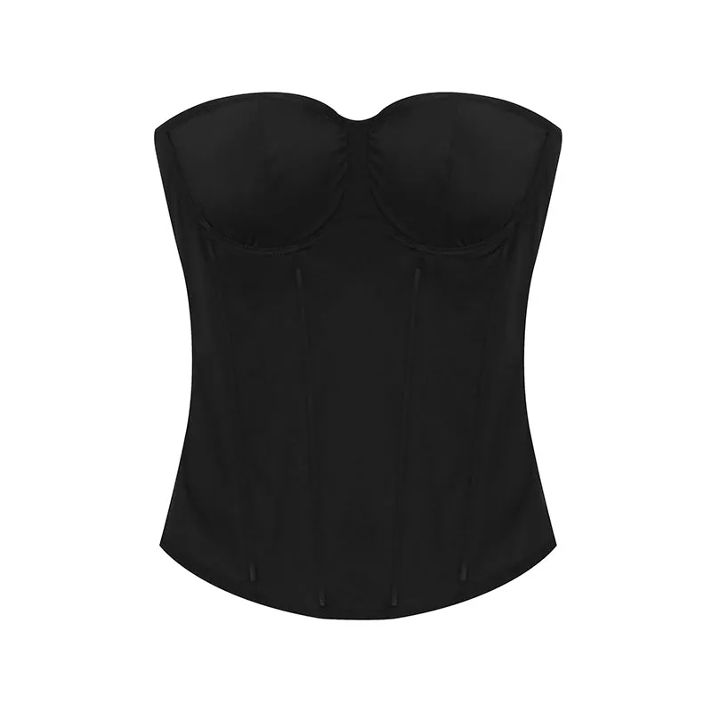 Zerocircle Solid Color Black Pink Sleeveless Bandeau Fishbone Corset Slim Top